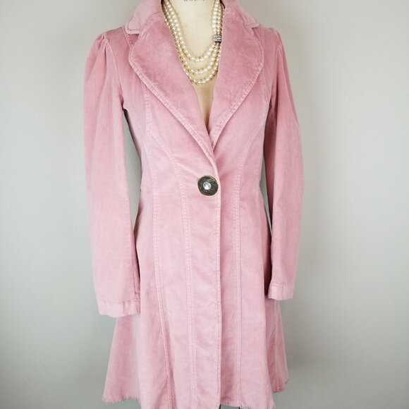 Vintage 1990's Bisou Bisou Pink Velvet Fitted Collared Puff Sleeve Long Coat * M - Picture 6 of 13